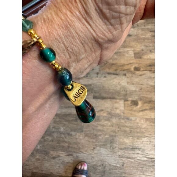 Bracelet, Green Teal and Gold Stretch Bracelet, Adjustable, NEW, Handmade, Artis - Picture 2 of 4